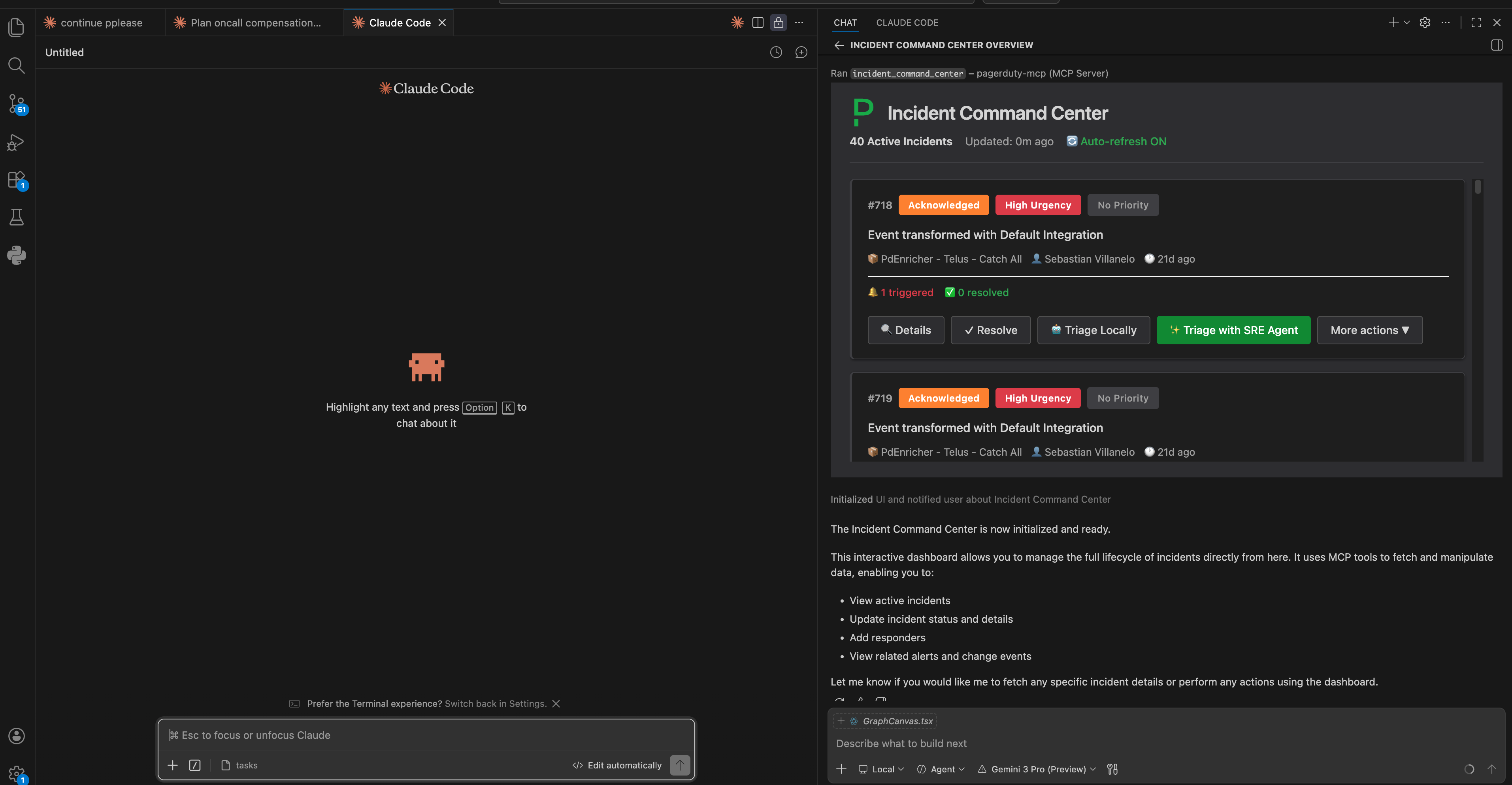 Incident Command Center running inside VS Code