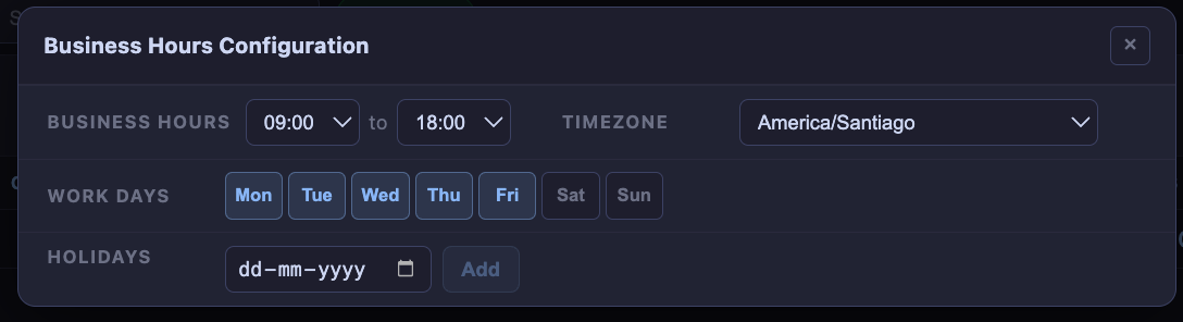 Business hours configuration panel