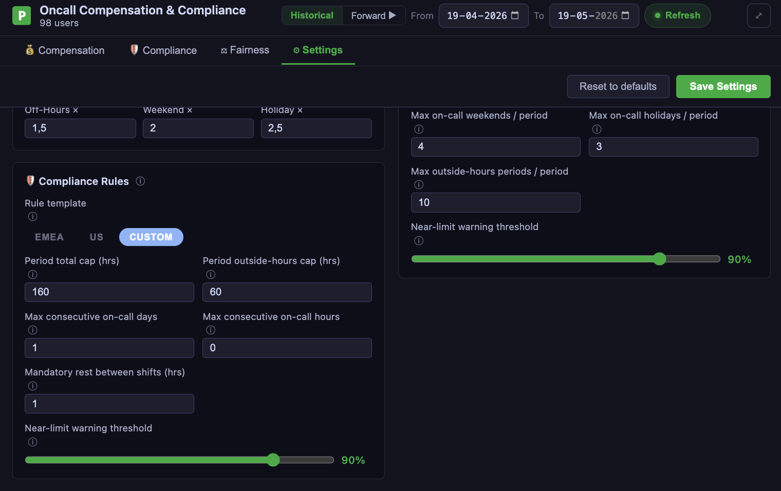 Settings tab — compliance rules detail